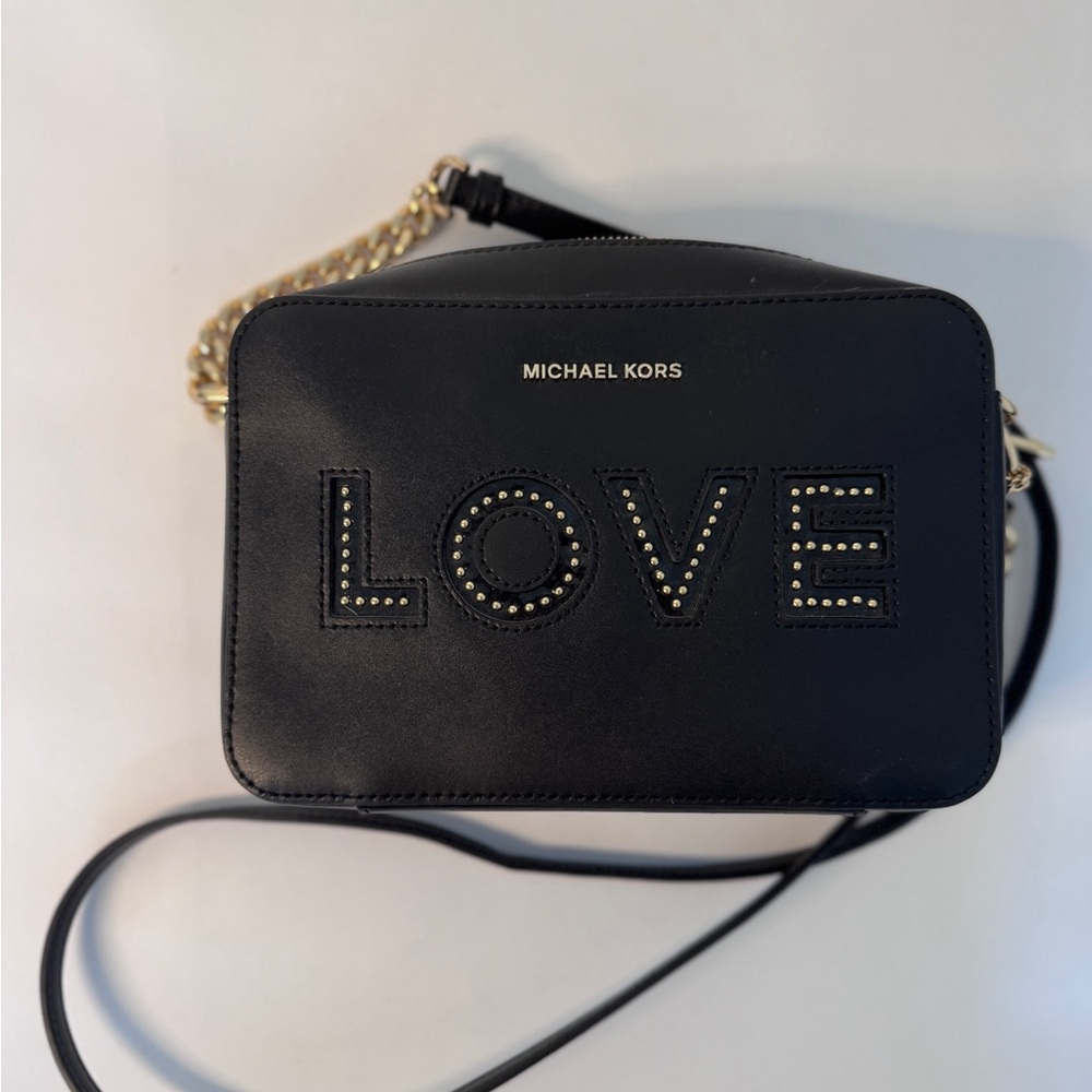 Michael Kors LOVE Studded Camera Bag – Black Leather Crossbody